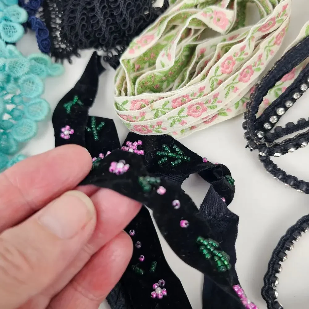 Lot vintage lace, beaded trim, rhinestone ribbon more